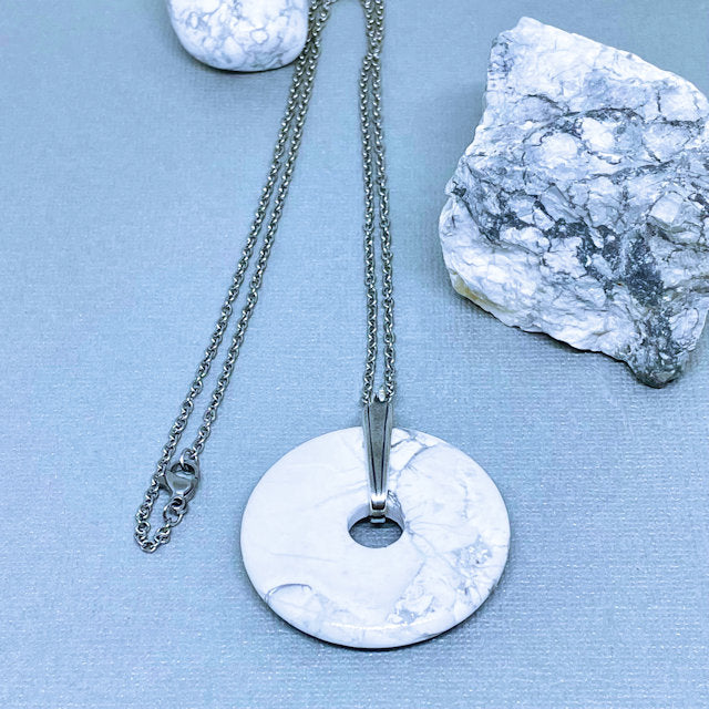 White Howlite Gemstone Donut Pendant with Stainless Steel Chain