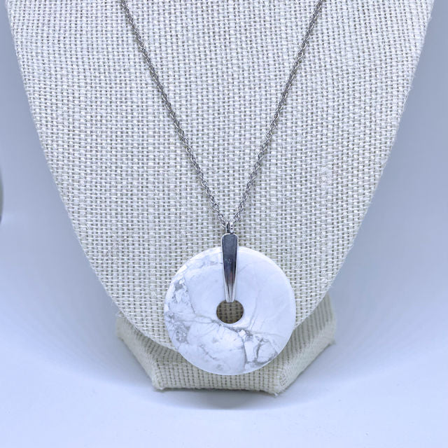White Howlite Gemstone Donut Pendant with Stainless Steel Chain