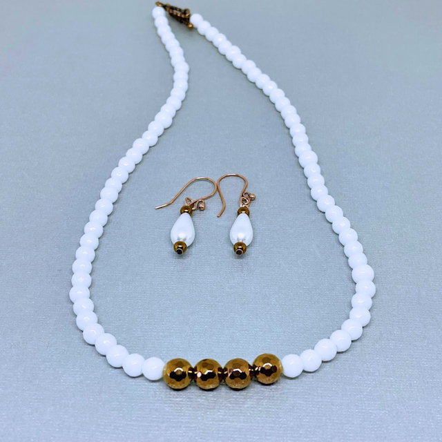 White Agate Necklace accented with Faceted Bronze Hematite Beads