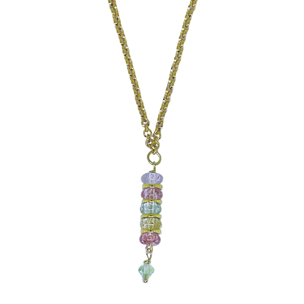 Gold Plated Rolo Necklace with Multicolor Rondelle Cracked Crystal Beads