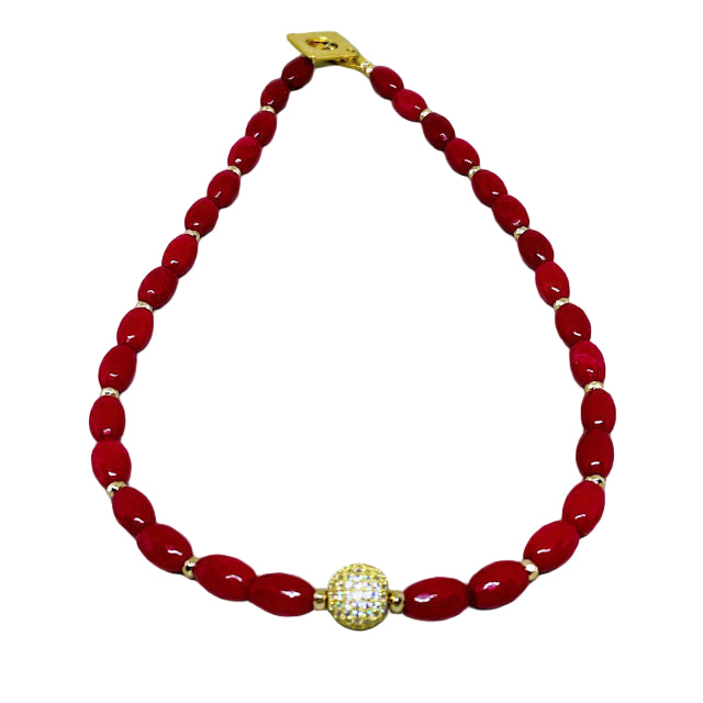 Faceted Red Jade Necklace accented with Pave Crystal Bead