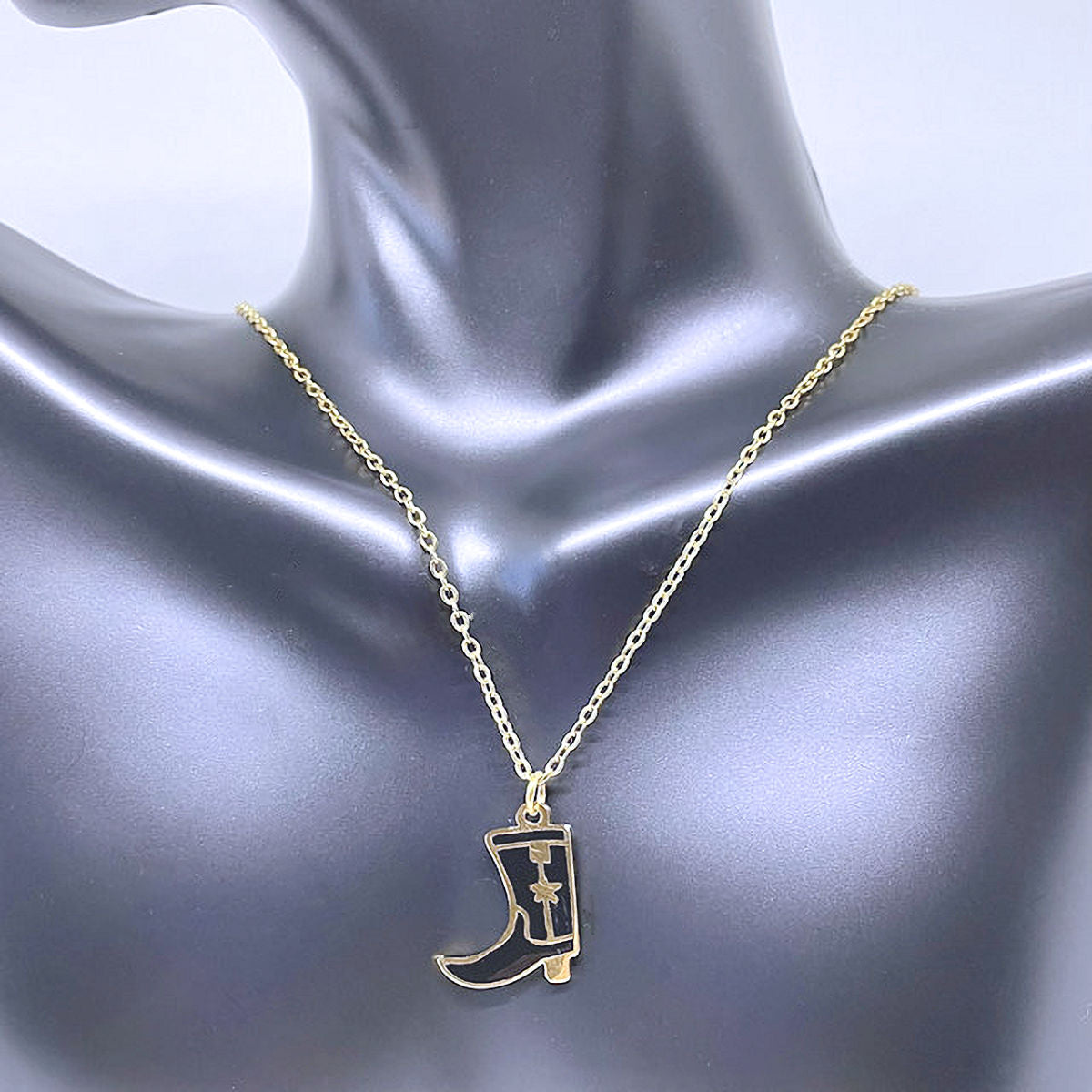 18K gold stainless steel Epoxy 3/4" black boot charm on stainless steel chain