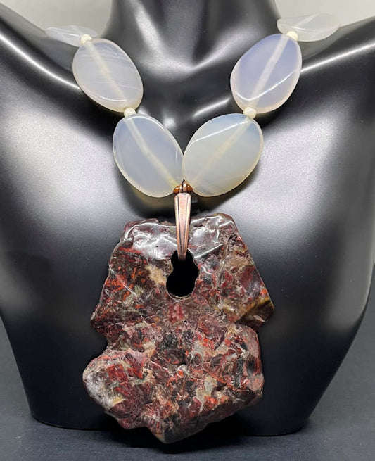 Creamy White Moonstone Necklace featuring a Brecciated Jasper Pendant