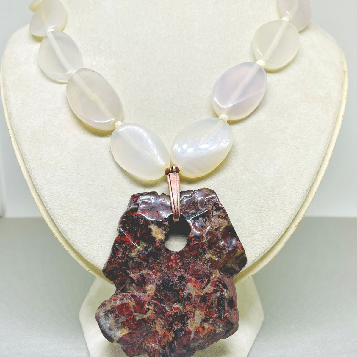 Creamy White Moonstone Necklace featuring a Brecciated Jasper Pendant