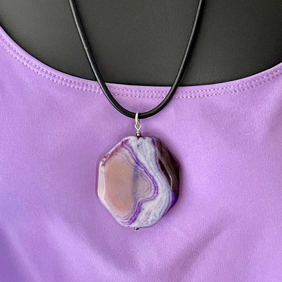 Purple Banded Agate Pendant with Black Leather Necklace