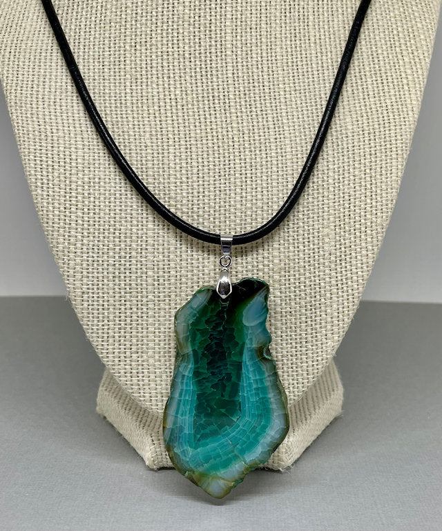 Green Agate Pendant with Leather Cord Necklace