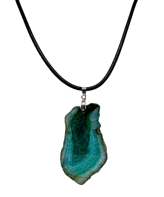Green Agate Pendant with Leather Cord Necklace