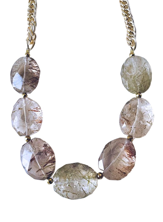 Oval Rutilated Beaded Necklace with Gold Plated Chain