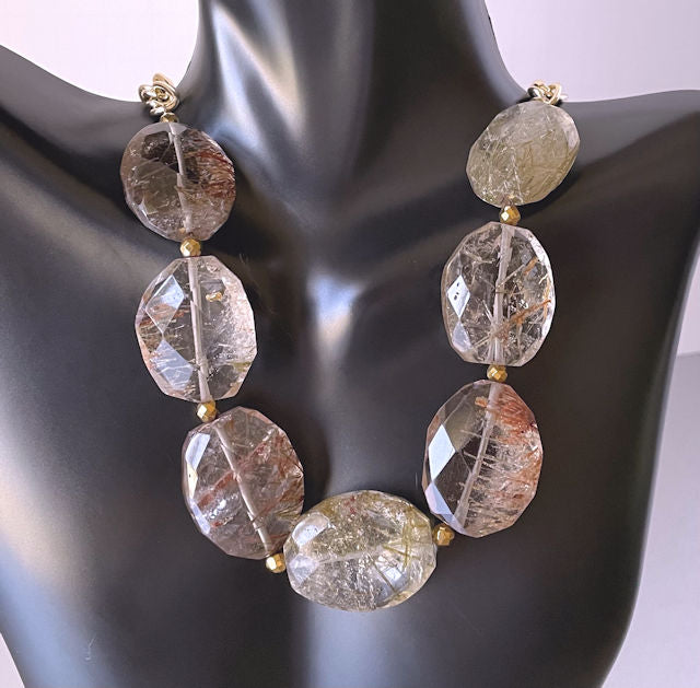 Oval Rutilated Beaded Necklace with Gold Plated Chain