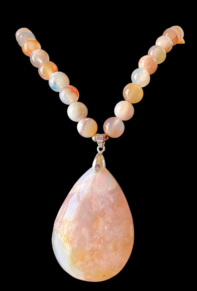 Cherry Blossom Beaded Necklace wtih Flower Agate Pendant