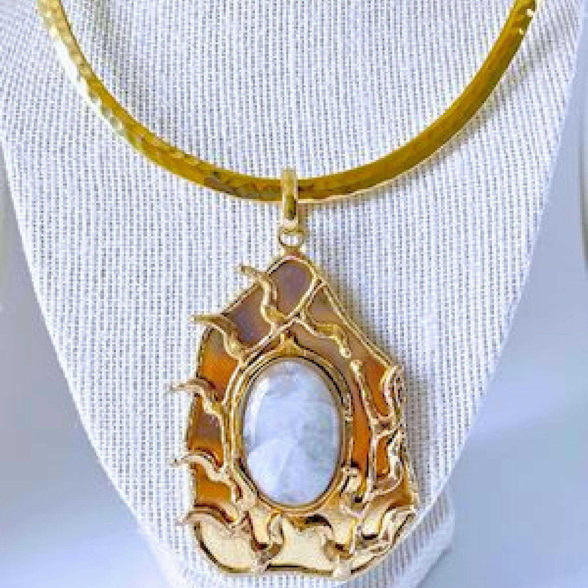 Textured Gold Plated Choker Necklace with Genuine Moonstone Pendant