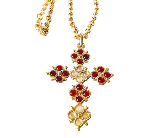 18K Brass Gold Plated Rolo Chain with Carnelian and Quartz Cross Pendant Necklace