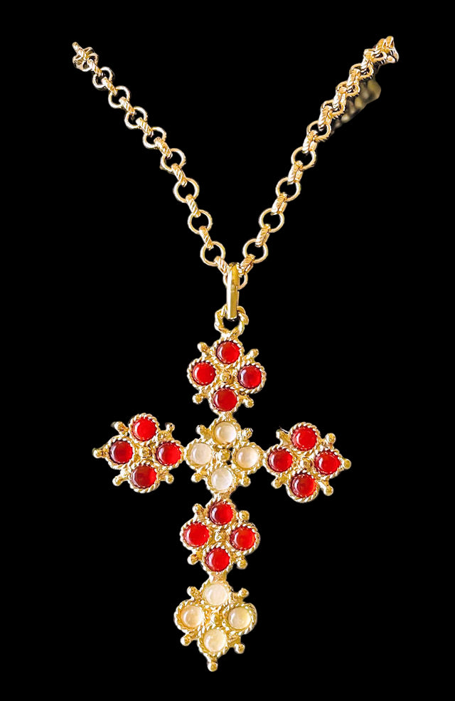 18K Brass Gold Plated Rolo Chain with Carnelian and Quartz Cross Pendant Necklace