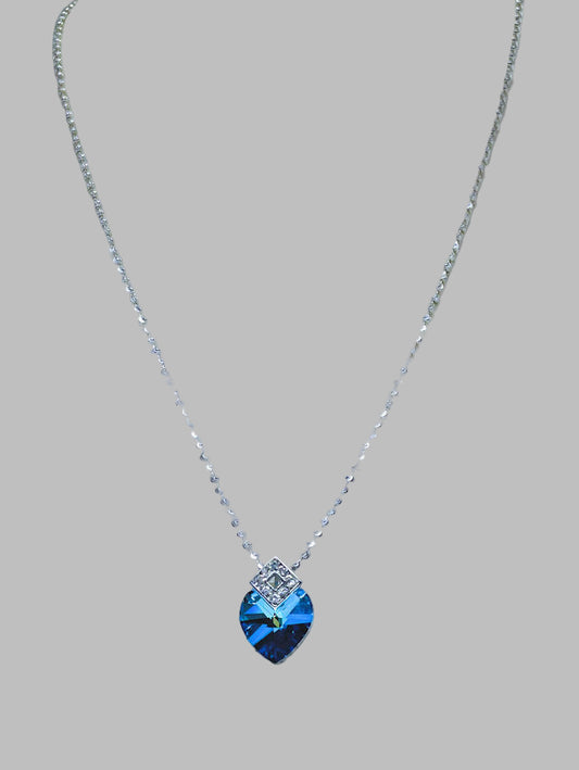 Bermuda Blue Crystal Heart Necklace with Diamond Cut Sterling Silver Chain