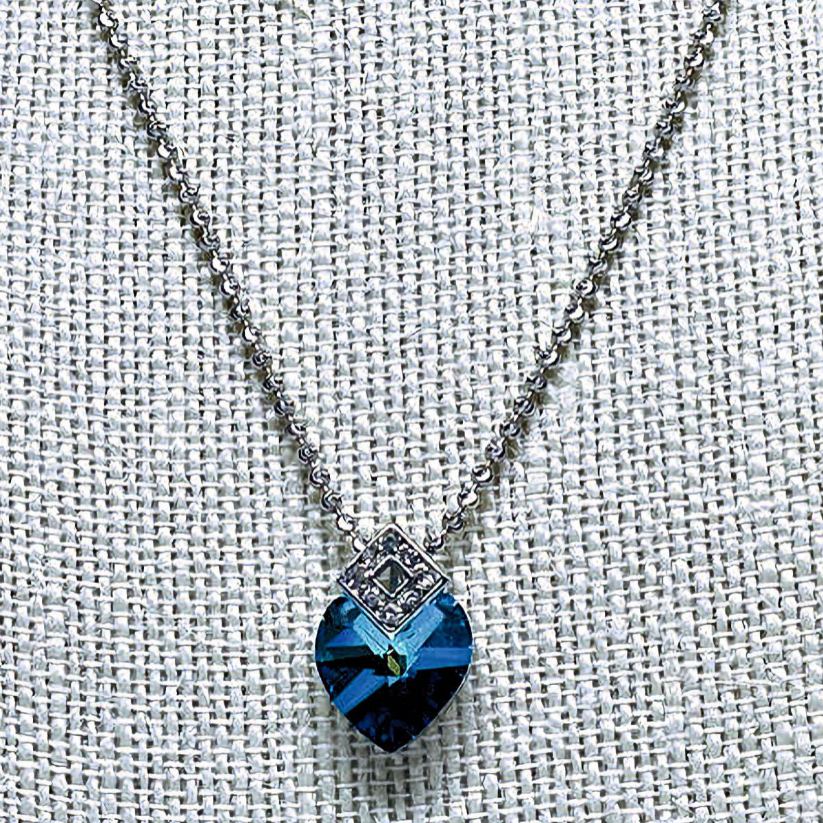 Bermuda Blue Crystal Heart Necklace with Diamond Cut Sterling Silver Chain