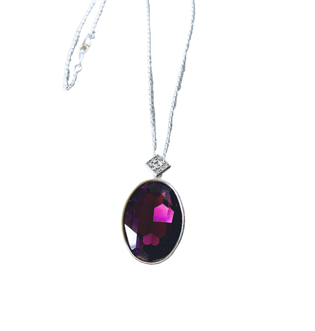 Sterling Silver Necklace with Purple Oval CZ Pendant