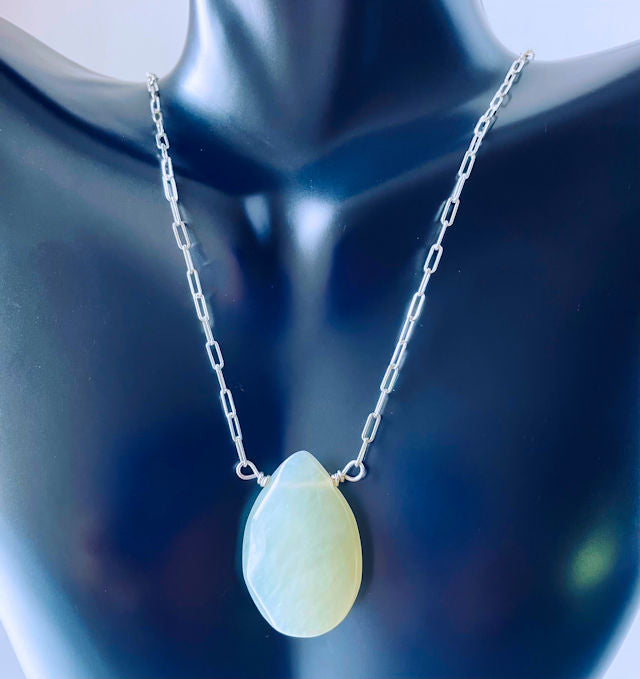 Sterling Silver Paper Clip Necklace with Seafoam Green Chalcedony Pendant