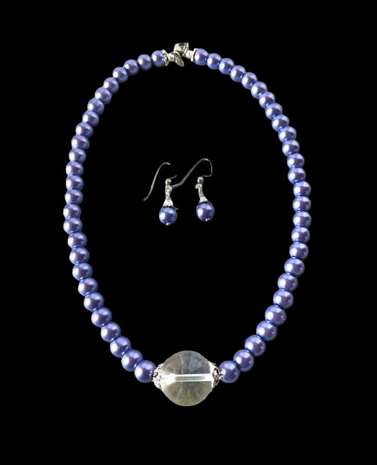 Lavender Pearl Necklace and Earring Set with Quartz Crystal Focal Bead