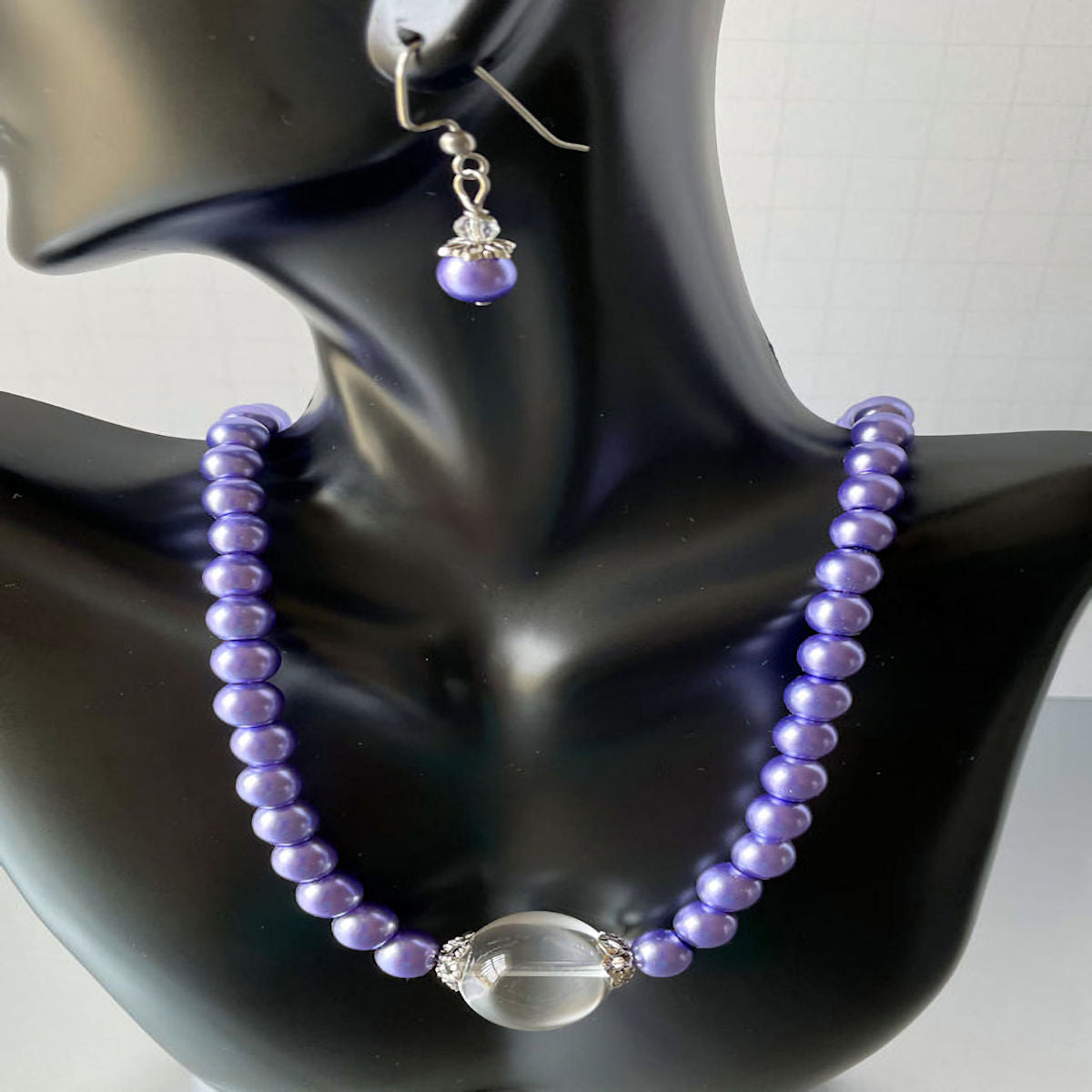 Lavender Pearl Necklace and Earring Set with Quartz Crystal Focal Bead