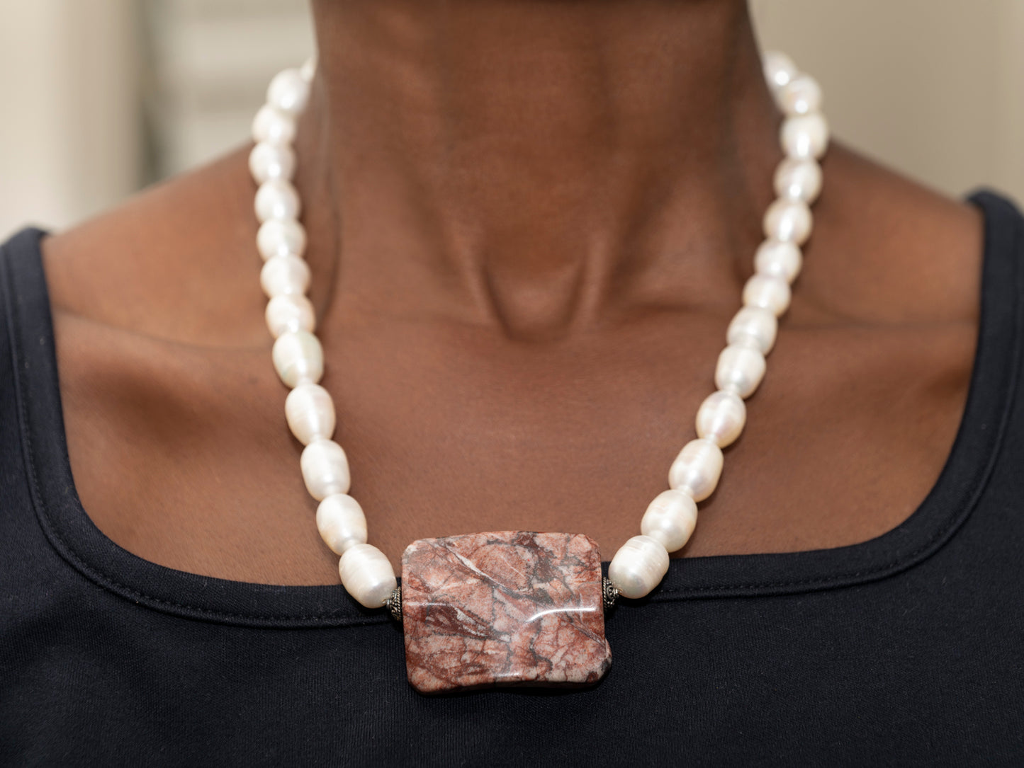 Pearl Necklace with Brecciated Jasper Pendant