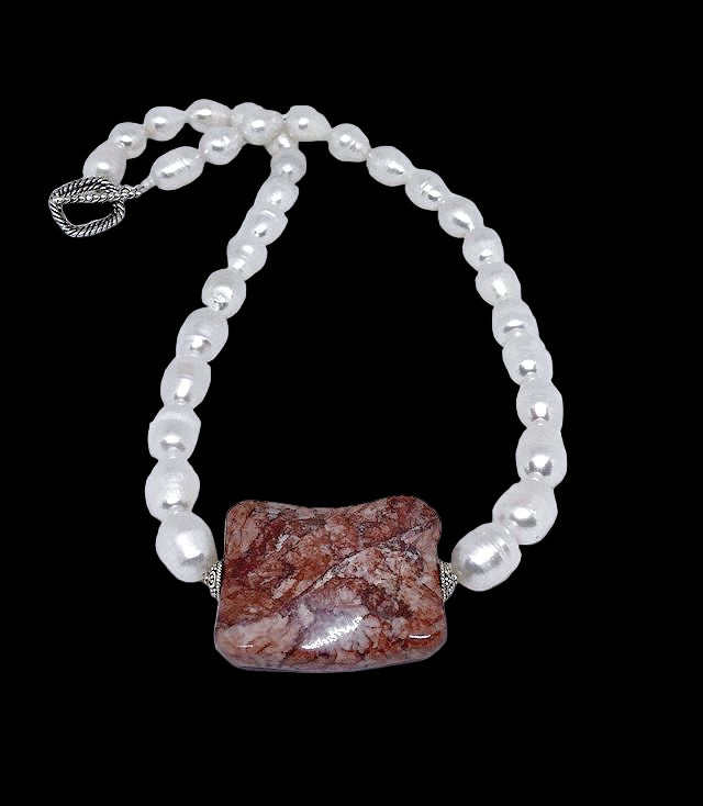 Pearl Necklace with Brecciated Jasper Pendant