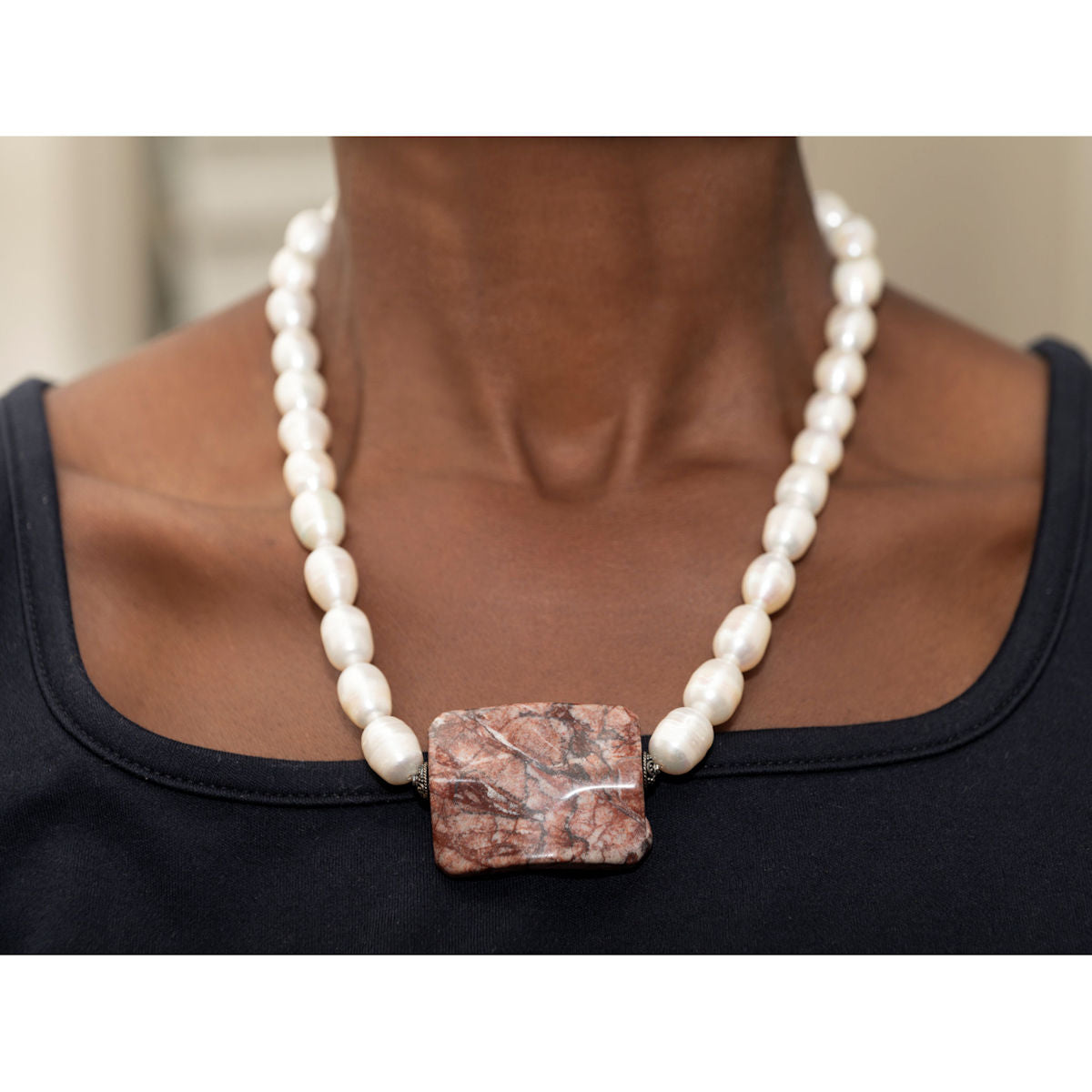 Pearl Necklace with Brecciated Jasper Pendant