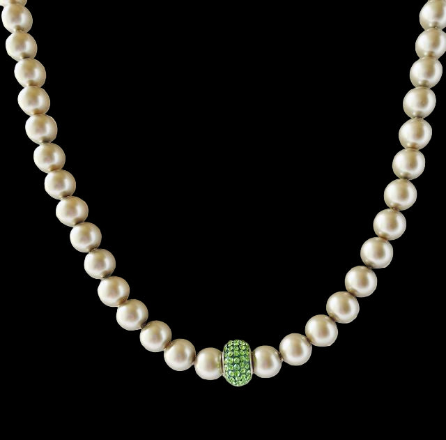 Light Champagne Pearl Necklace Accented with Light Green Pave Crystal Bead