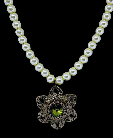 Luminous Lime Green Pearl Necklace with Filigree Pendant and Green Crystal Accent