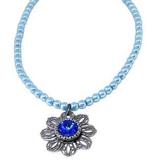 Pastel Blue Pearl Necklace with Antique Silver Filigree Pendant and Dark Blue Crystal Accent