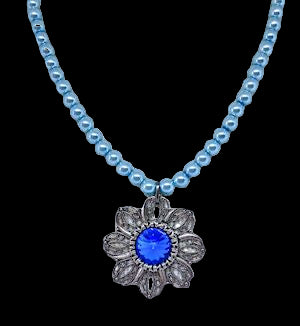 Pastel Blue Pearl Necklace with Antique Silver Filigree Pendant and Dark Blue Crystal Accent