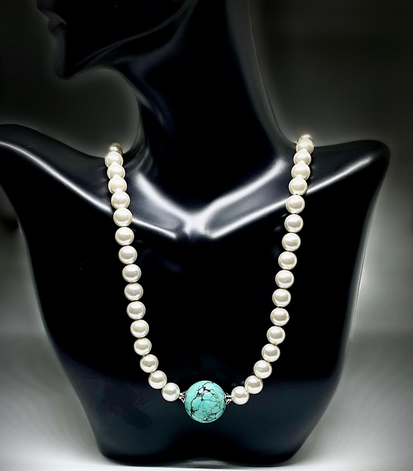 White Pearl Necklace with round Stabilized Turquoise Focal Bead