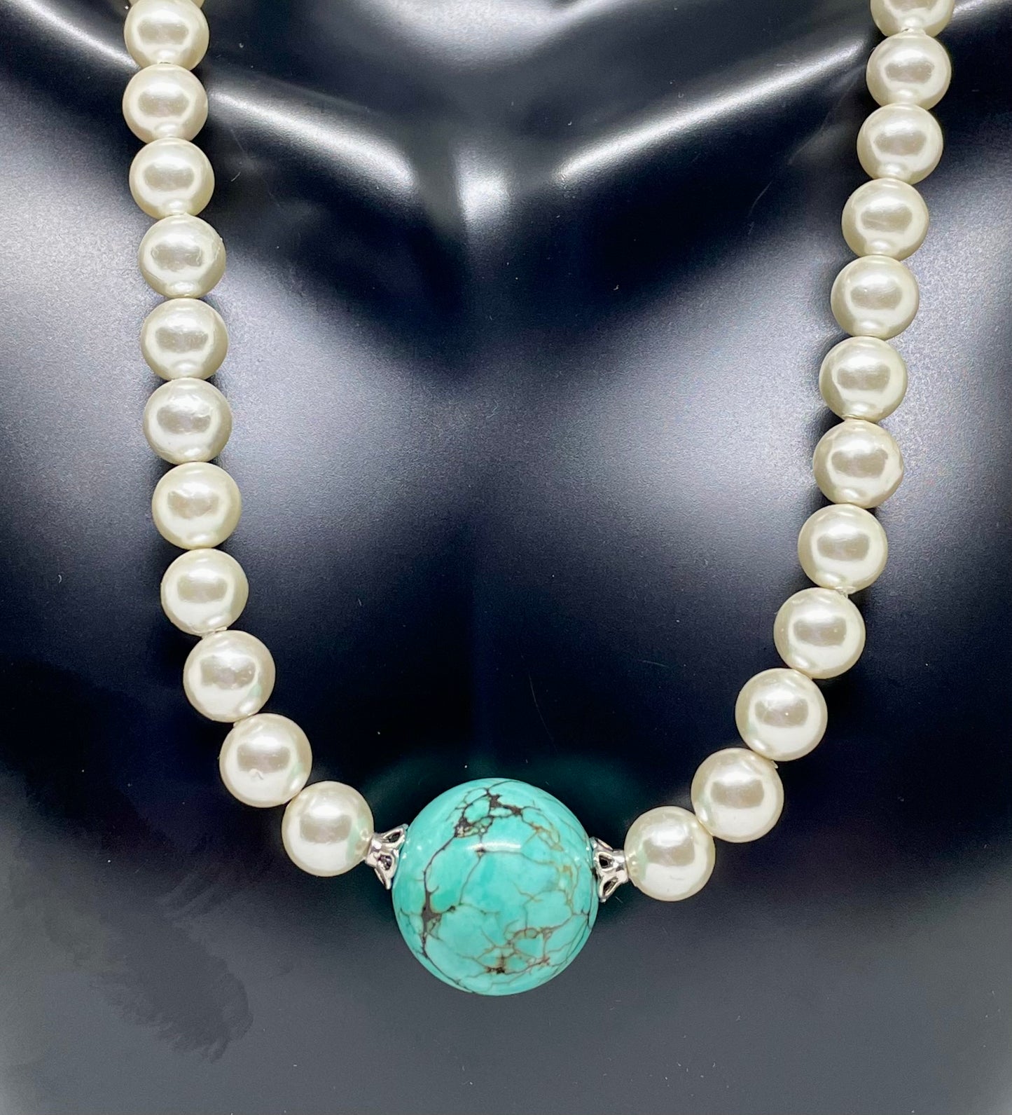 White Pearl Necklace with round Stabilized Turquoise Focal Bead