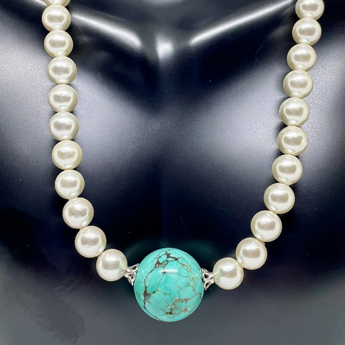 White Pearl Necklace with round Stabilized Turquoise Focal Bead