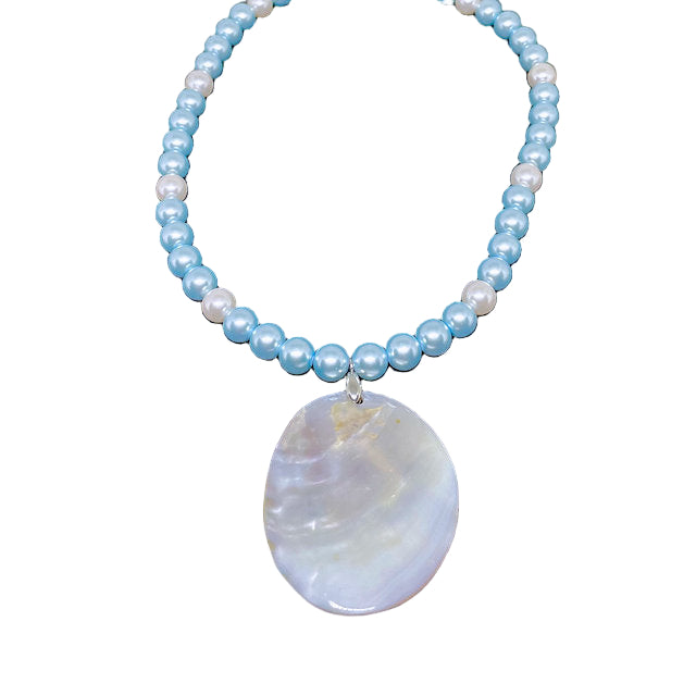 Necklace: Celestial Blue Pearls with White Pearl accents and Mother of Pearl Pendant