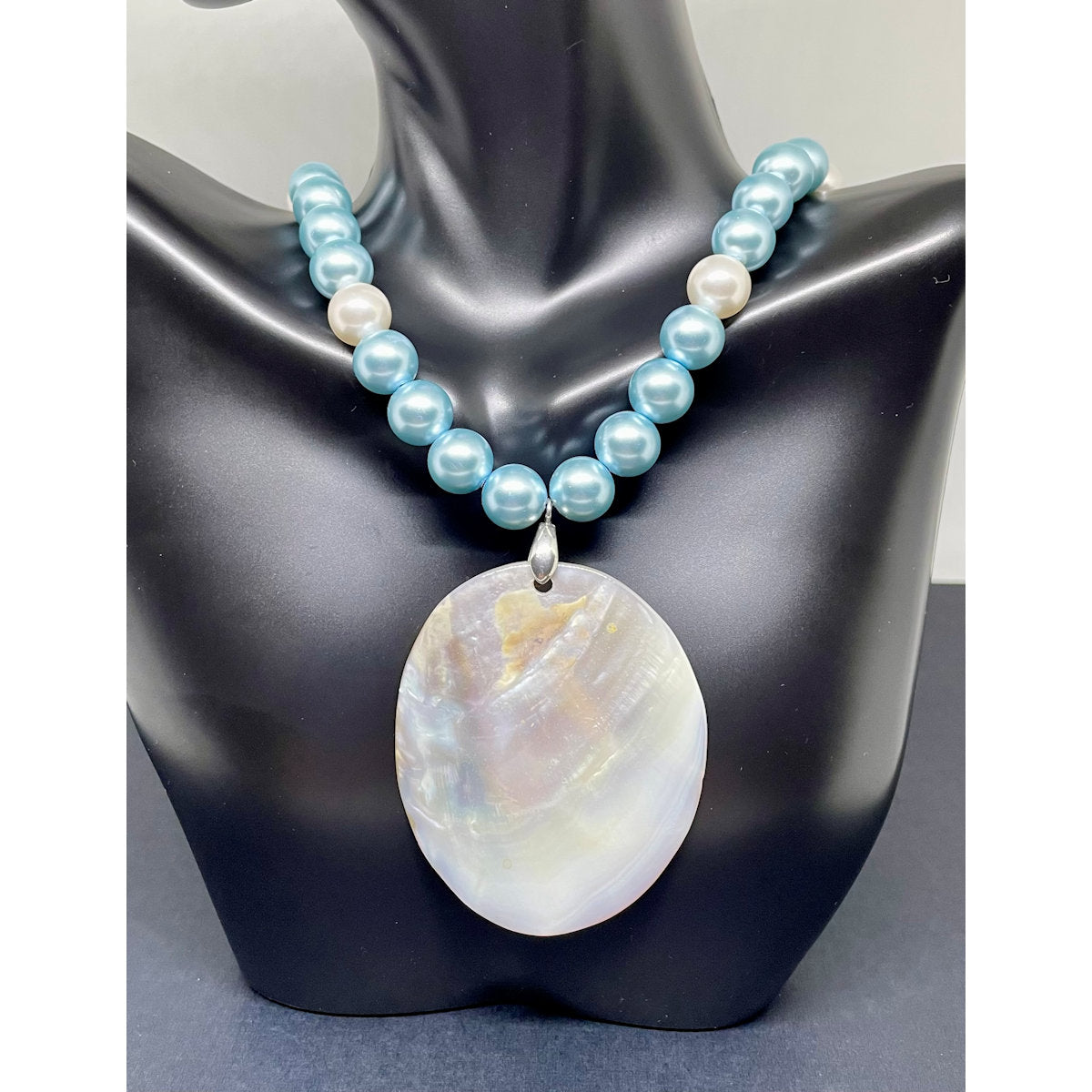 Necklace: Celestial Blue Pearls with White Pearl accents and Mother of Pearl Pendant