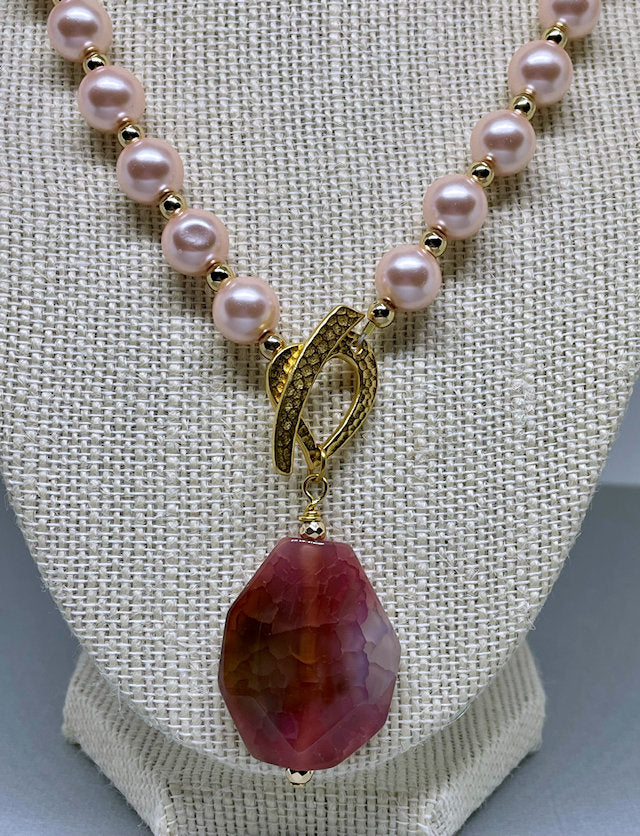 Rose Celestial Pearl necklace with Gold Hematite spacers and Agate Pendant