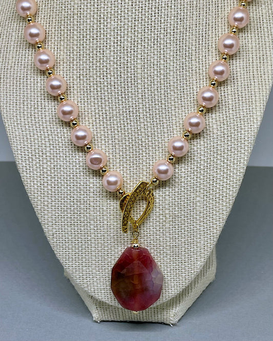 Rose Celestial Pearl necklace with Gold Hematite spacers and Agate Pendant