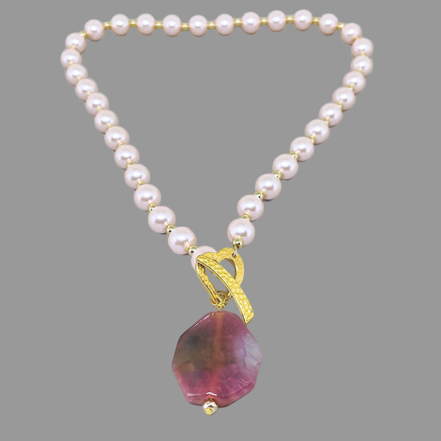 Rose Celestial Pearl necklace with Gold Hematite spacers and Agate Pendant