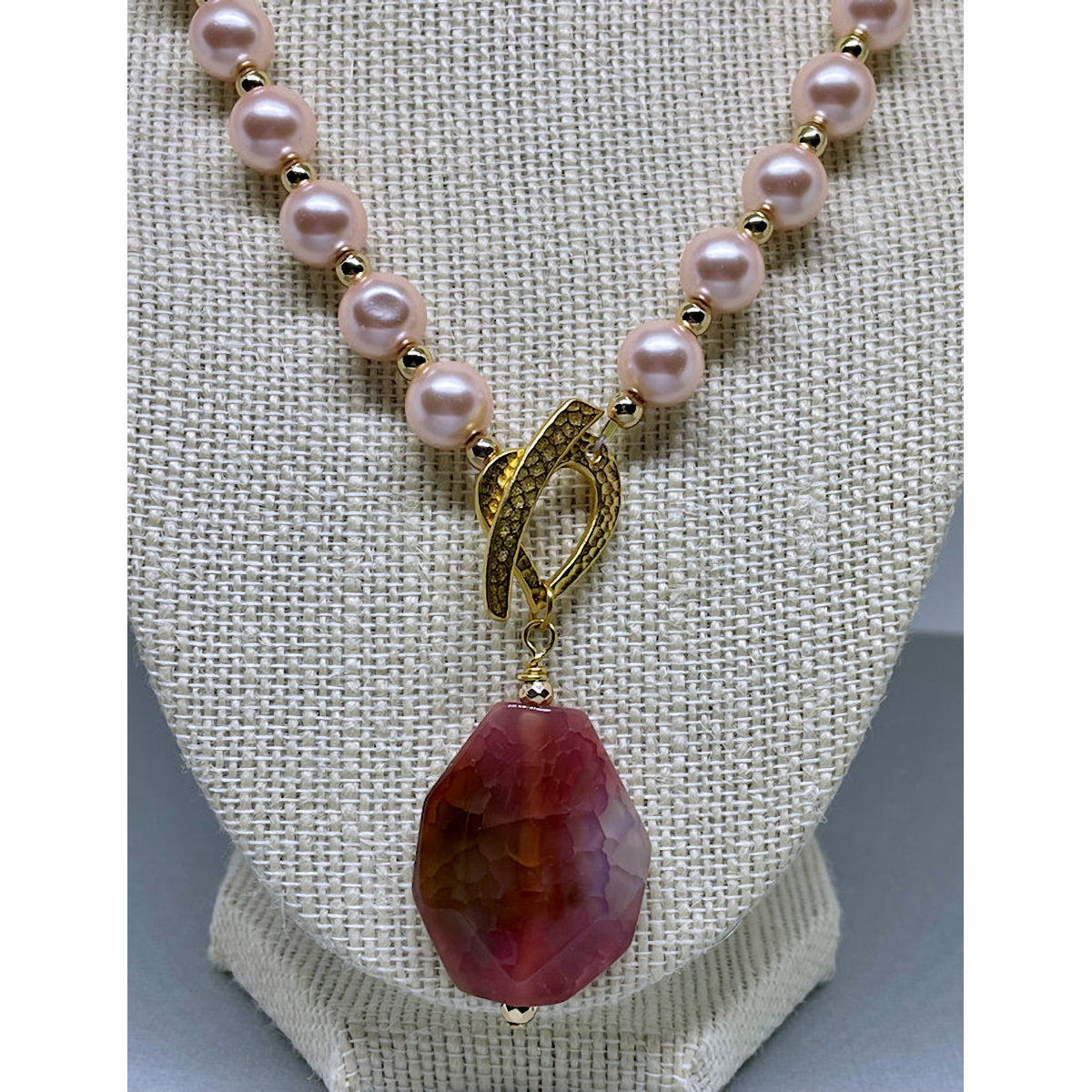 Rose Celestial Pearl necklace with Gold Hematite spacers and Agate Pendant