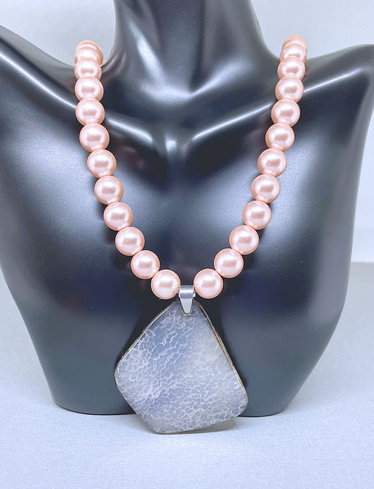 Rose Celestial Pearl Necklace accented with Light Gray Geode Slice Pendant