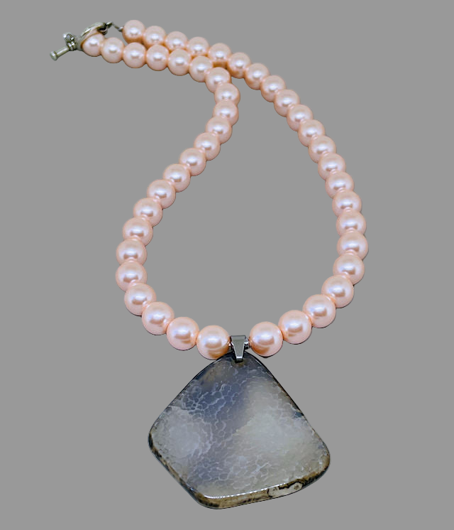 Rose Celestial Pearl Necklace accented with Light Gray Geode Slice Pendant