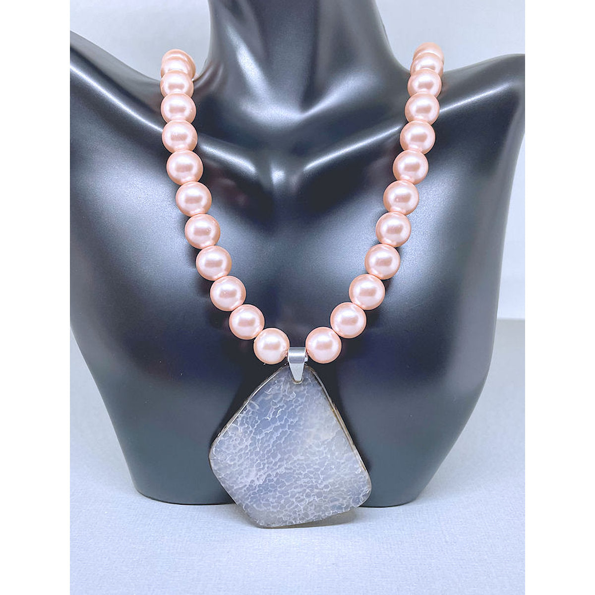 Rose Celestial Pearl Necklace accented with Light Gray Geode Slice Pendant