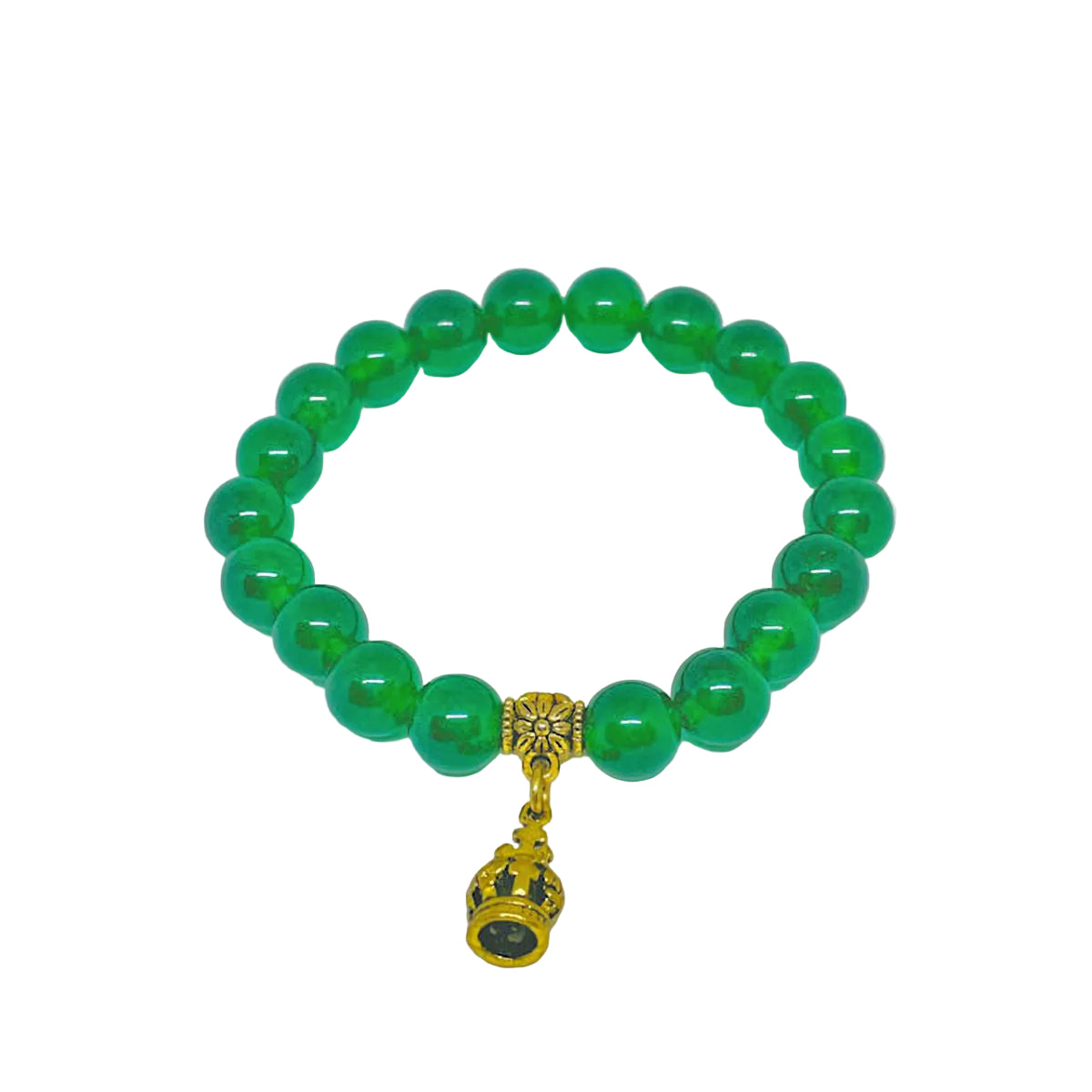 Green Agate Stretch Bracelet with Brass Crown Charm