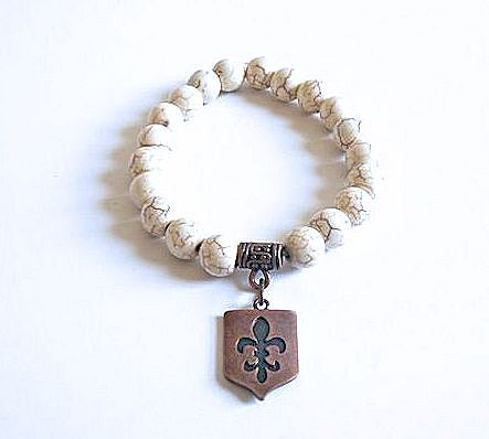 Cream Howlite Stretch Bracelet with Fleur De Lis Charm