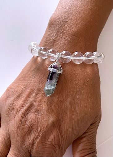 Clear Quartz Crystal Stretch Bracelet with Fluorite Charm