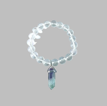 Clear Quartz Crystal Stretch Bracelet with Fluorite Charm