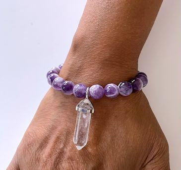 Amethyst Stretch Bracelet with Clear Quartz Crystal Charm