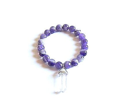 Amethyst Stretch Bracelet with Clear Quartz Crystal Charm