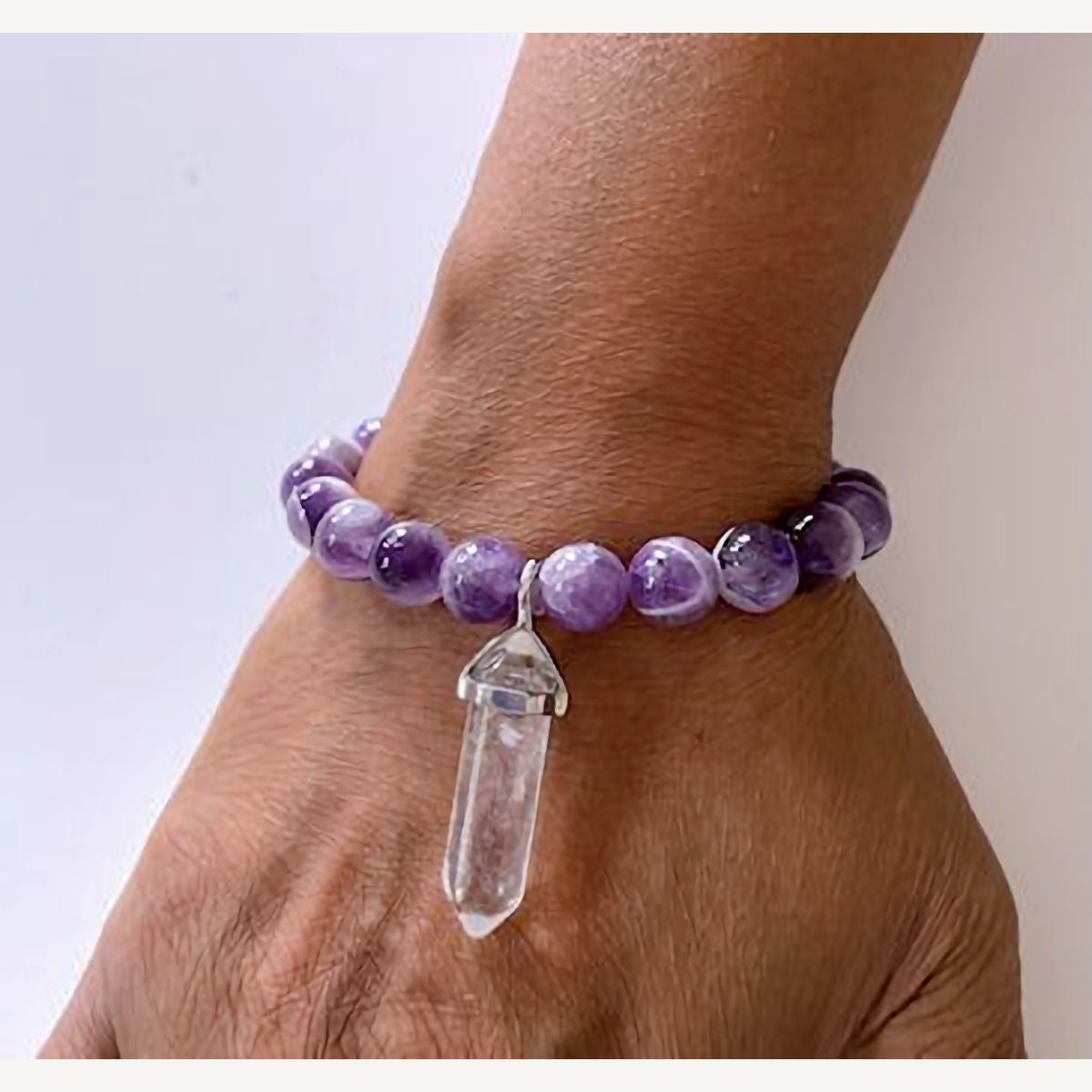 Amethyst Stretch Bracelet with Clear Quartz Crystal Charm