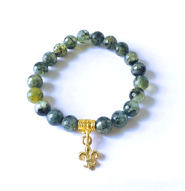 Moss Agate Stretch Bracelet with Gold Fleur De Lis Charm